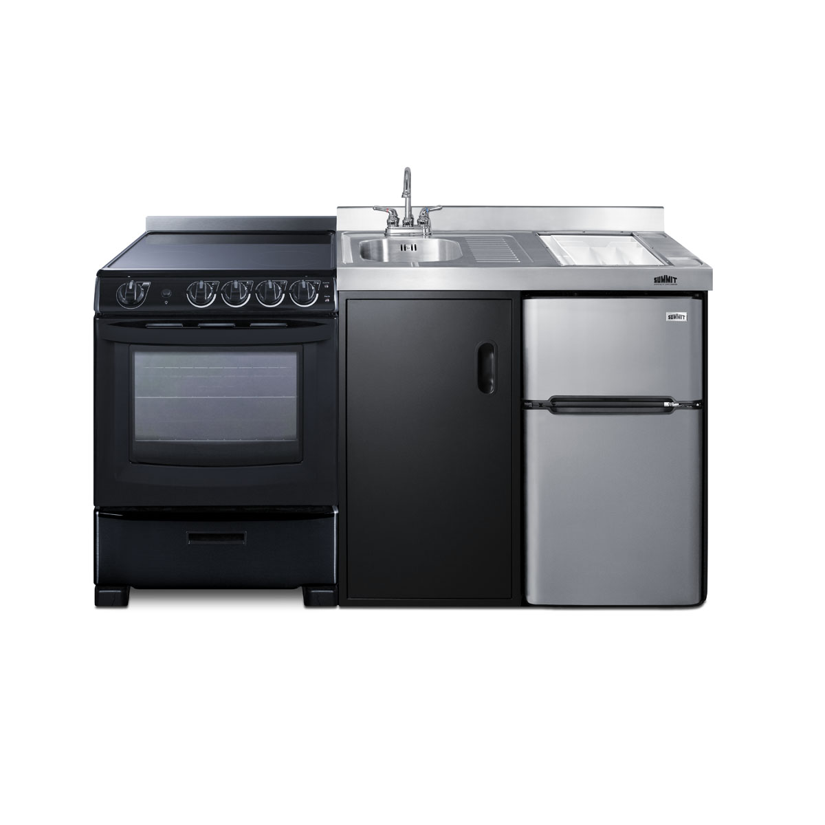 64 inch wide all-in-one kitchenette with 4-burner 220V smooth-top electric range, refrigerator-freezer sink, cutting board and cutlery storage, and storage cabinet in a black exterior finish